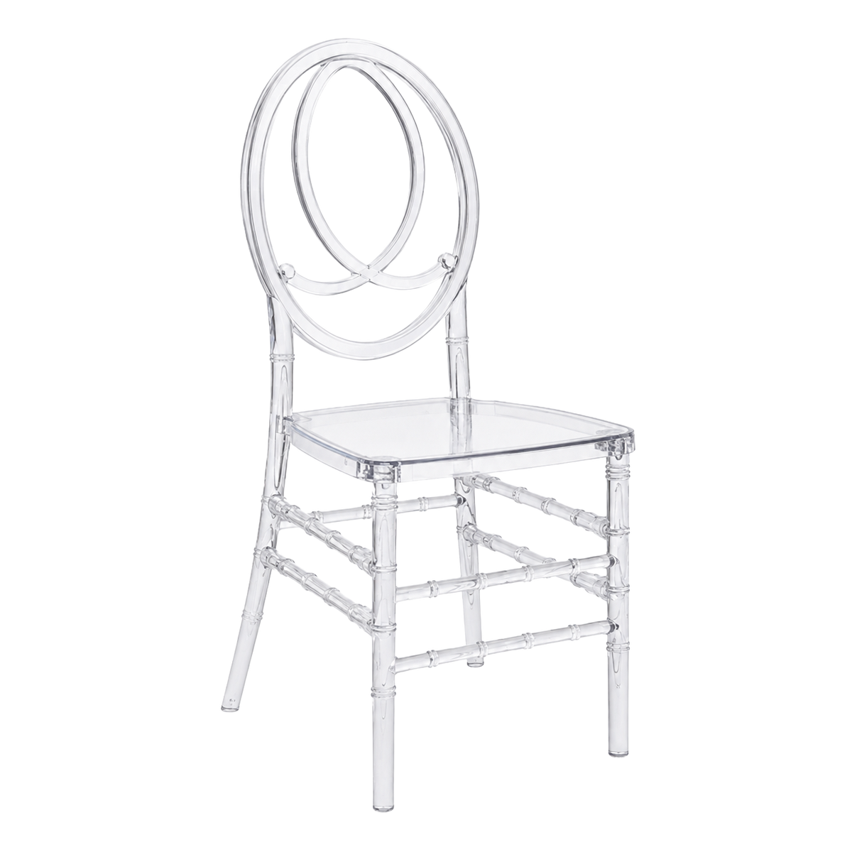 A clear acrylic chair with a circular backrest and bamboo-style legs.