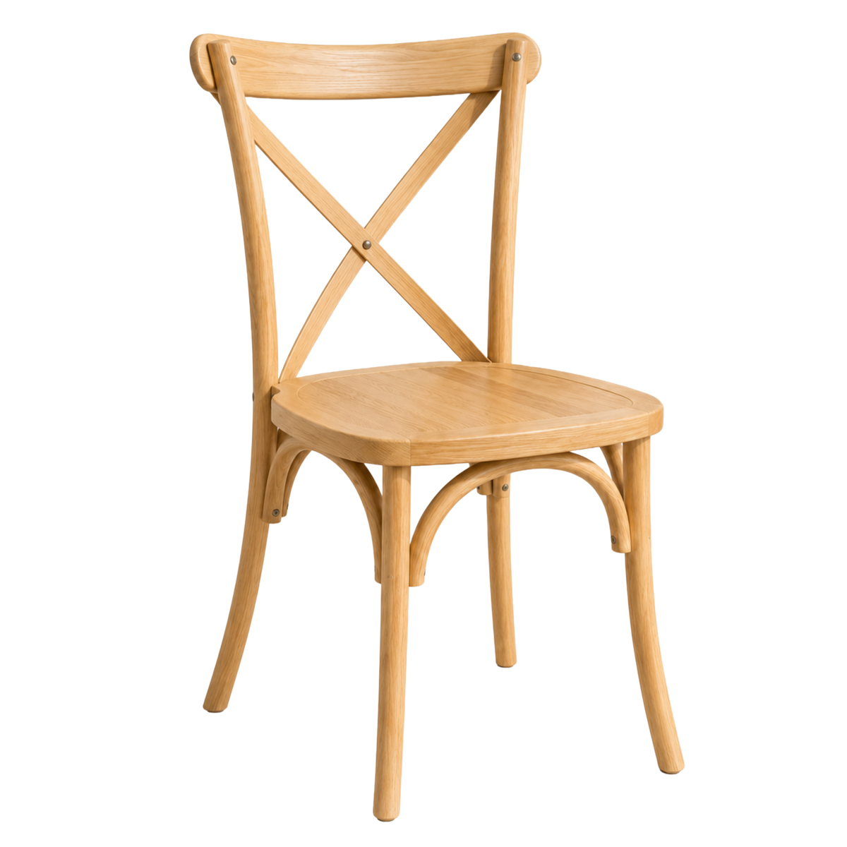 A light natural wood chair with a curved backrest featuring an X-cross back design, a square seat, and four tapered legs.