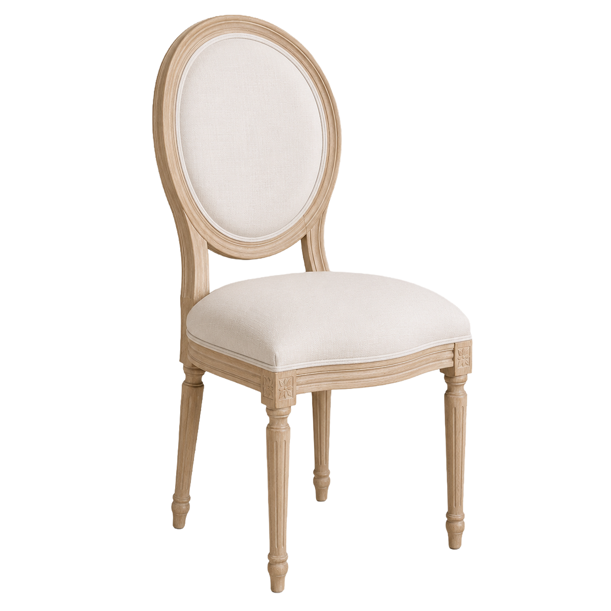 A classic French dining chair with a light natural wood frame and cream-colored fabric upholstery on the oval backrest and seat cushion, shown against a plain white background.