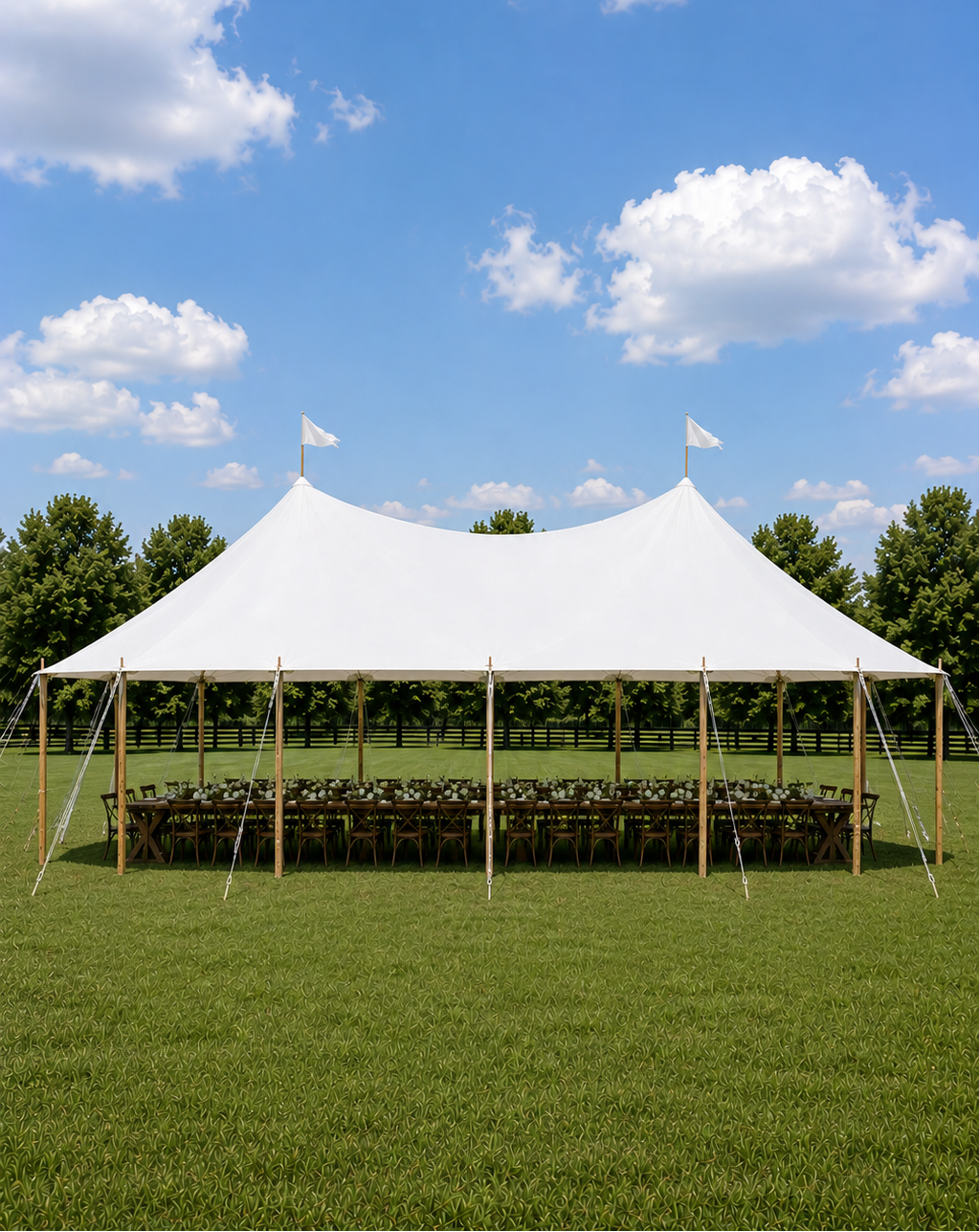 A large white event tent with a peaked roof is set up on a green lawn under a blue sky with white clouds. Long tables and chairs are arranged underneath, with trees lining the background behind the tent.