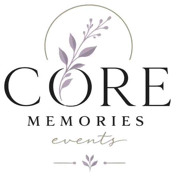A centered logo on a white background reading 'CORE MEMORIES events' with a delicate floral branch graphic above the text.