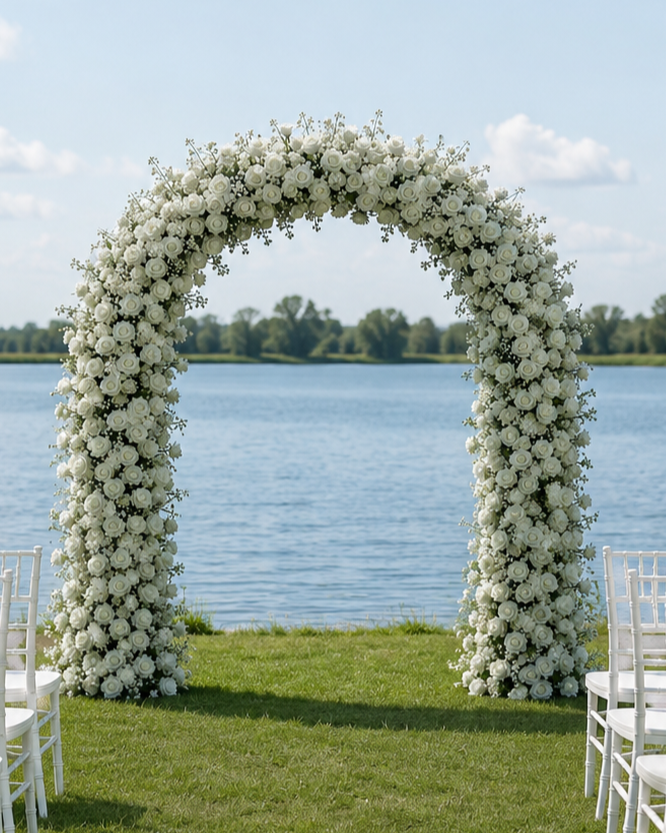 A large white floral arch stands on a grassy lawn by a lake, with rows of white chairs arranged on both sides under a blue sky.