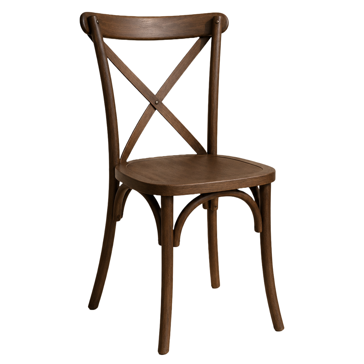 A dark wood chair with a curved backrest featuring an X-cross back design, a square seat, and four tapered legs.