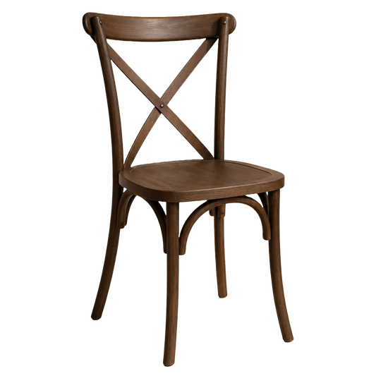 A dark wood chair with a curved backrest featuring an X-cross back design, a square seat, and four tapered legs.