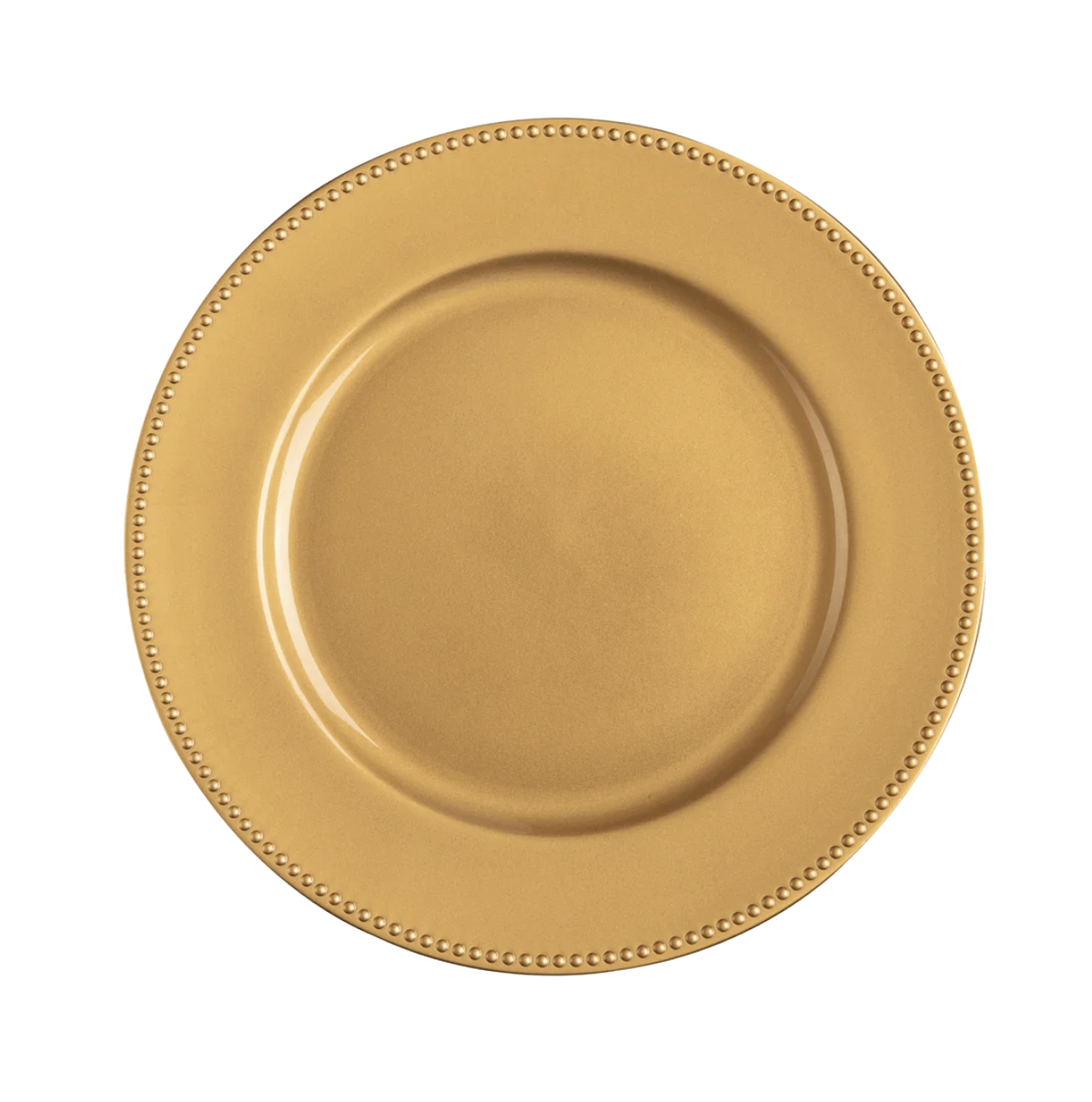Gold round charger plate with a beaded pattern along the edge. 