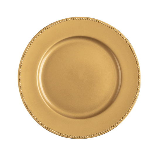 Gold round charger plate with a beaded pattern along the edge. 