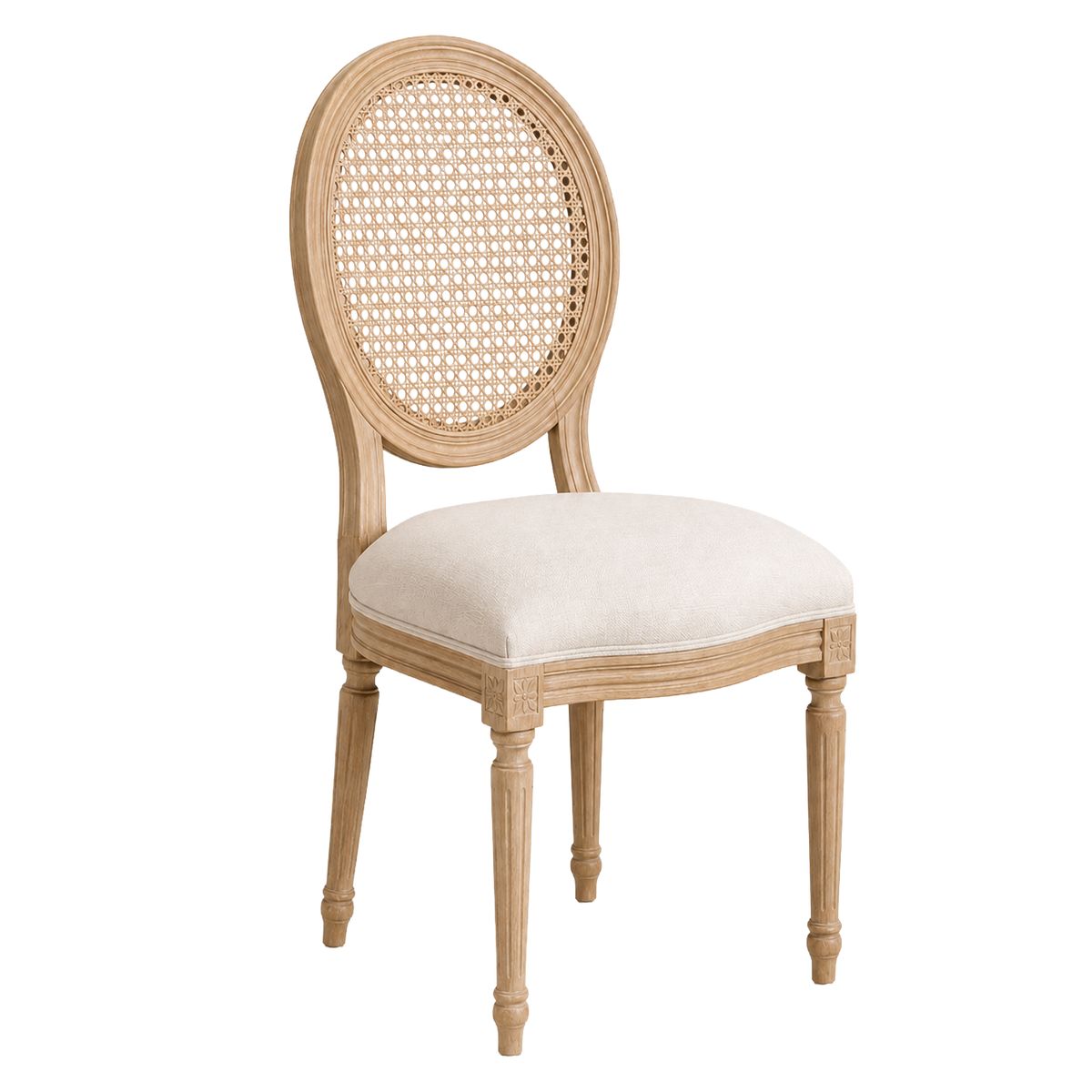 A classic French dining chair with a light natural wood frame, a woven cane backrest, and a cream-colored upholstered seat cushion, shown against a plain white background.