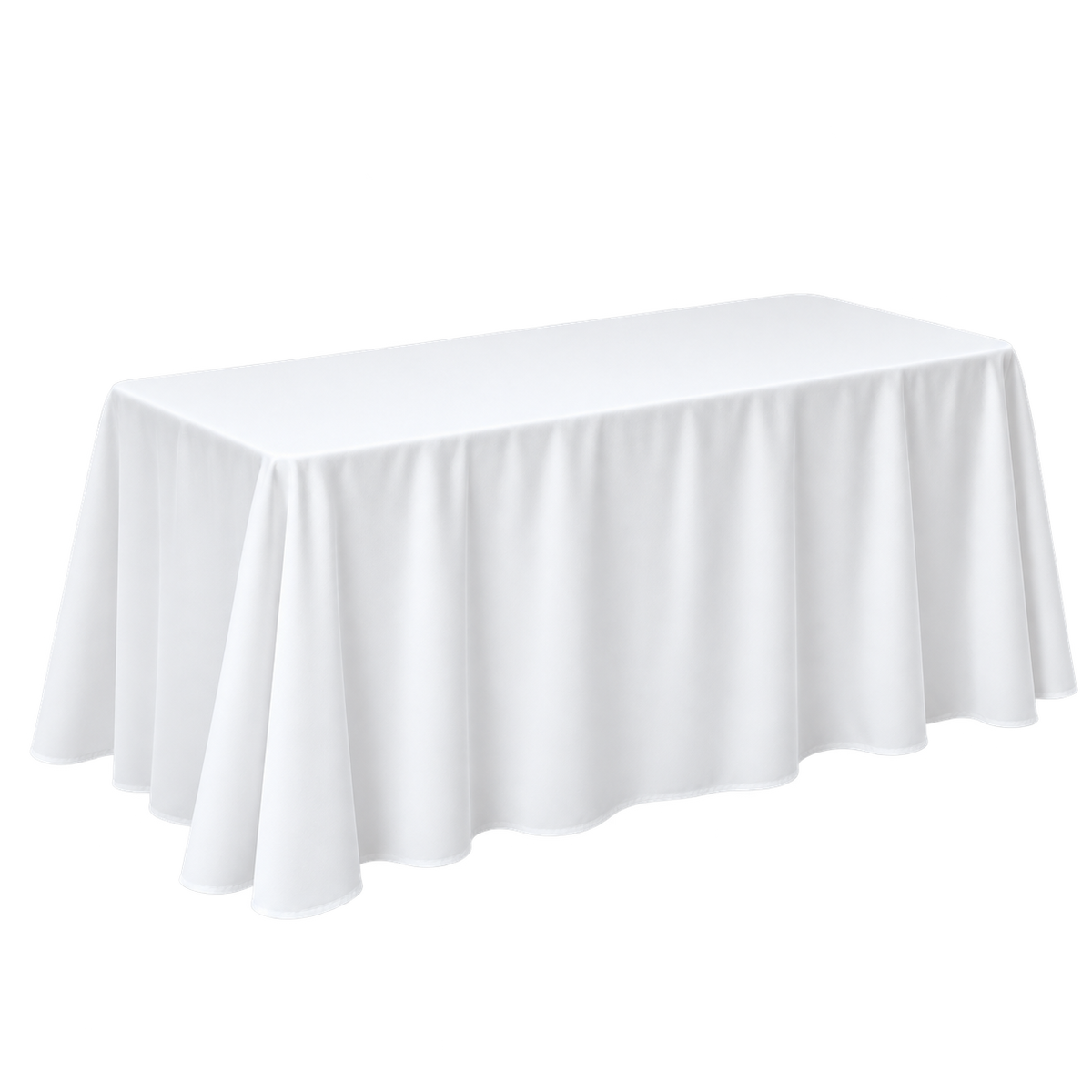 A rectangular table covered by a white rectangular, floor-length tablecloth.