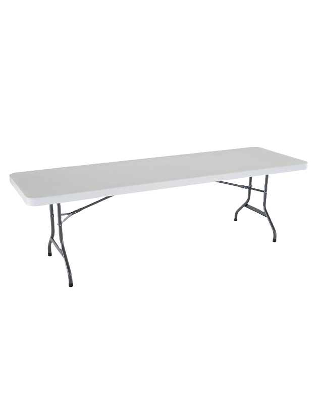 A long rectangular folding table with a white top and metal legs.