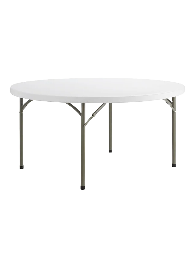 A round folding table with a white top and metal legs.
