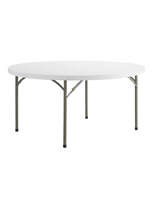 A round folding table with a white top and metal legs.