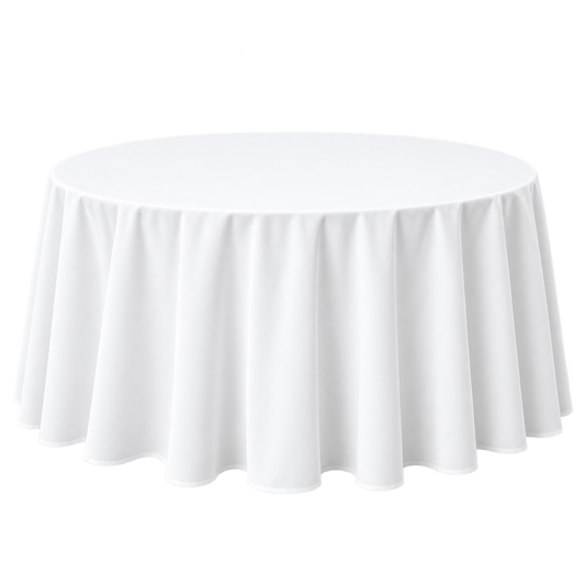 A round white tablecloth draped over a circular table.