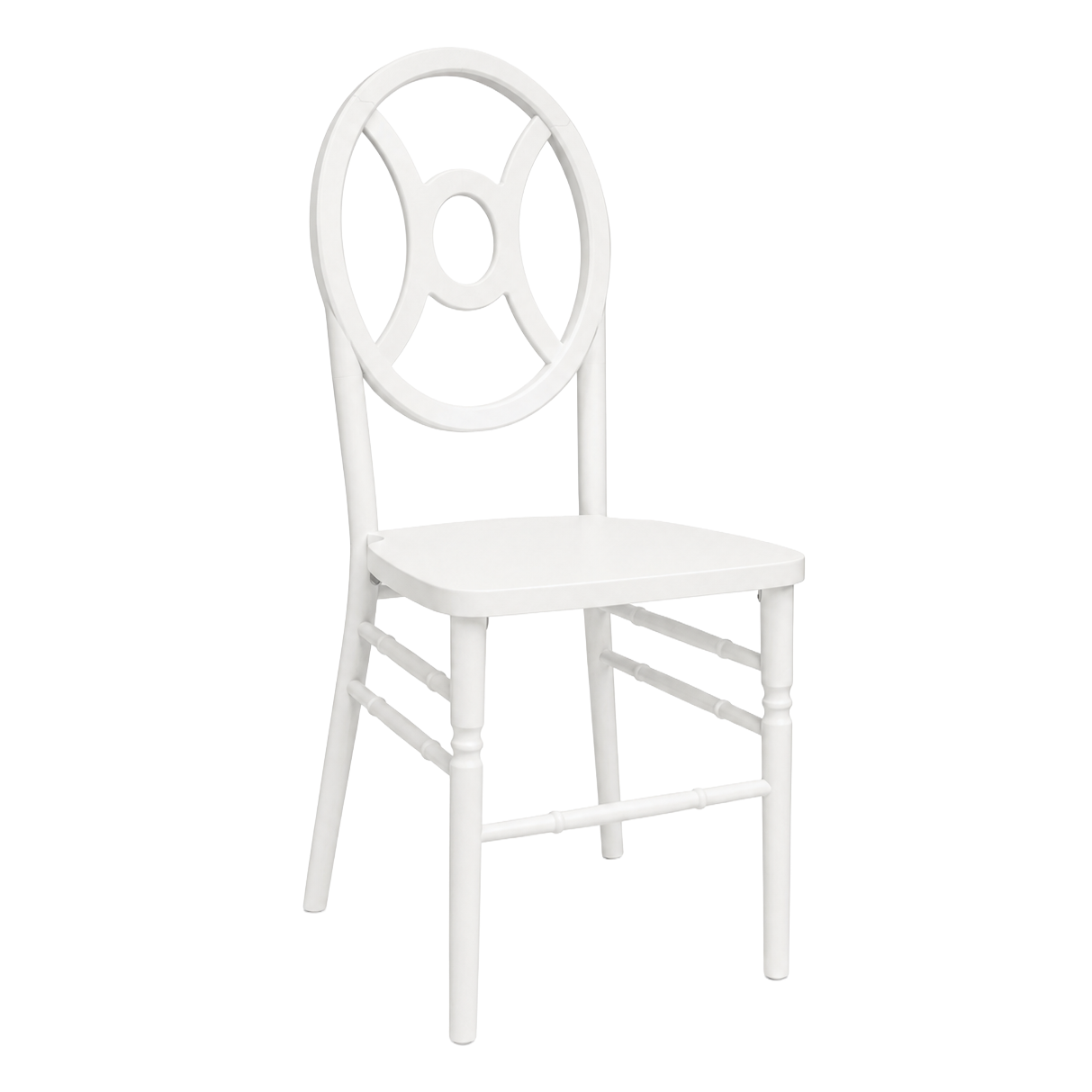 A white wooden chair with a high oval backrest featuring a circular cutout design.