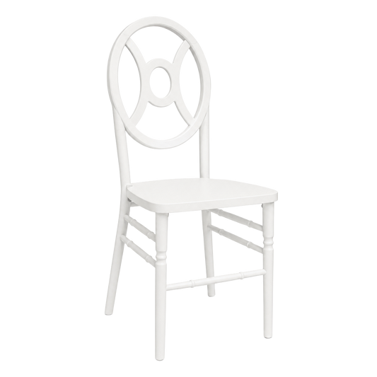 A white wooden chair with a high oval backrest featuring a circular cutout design.