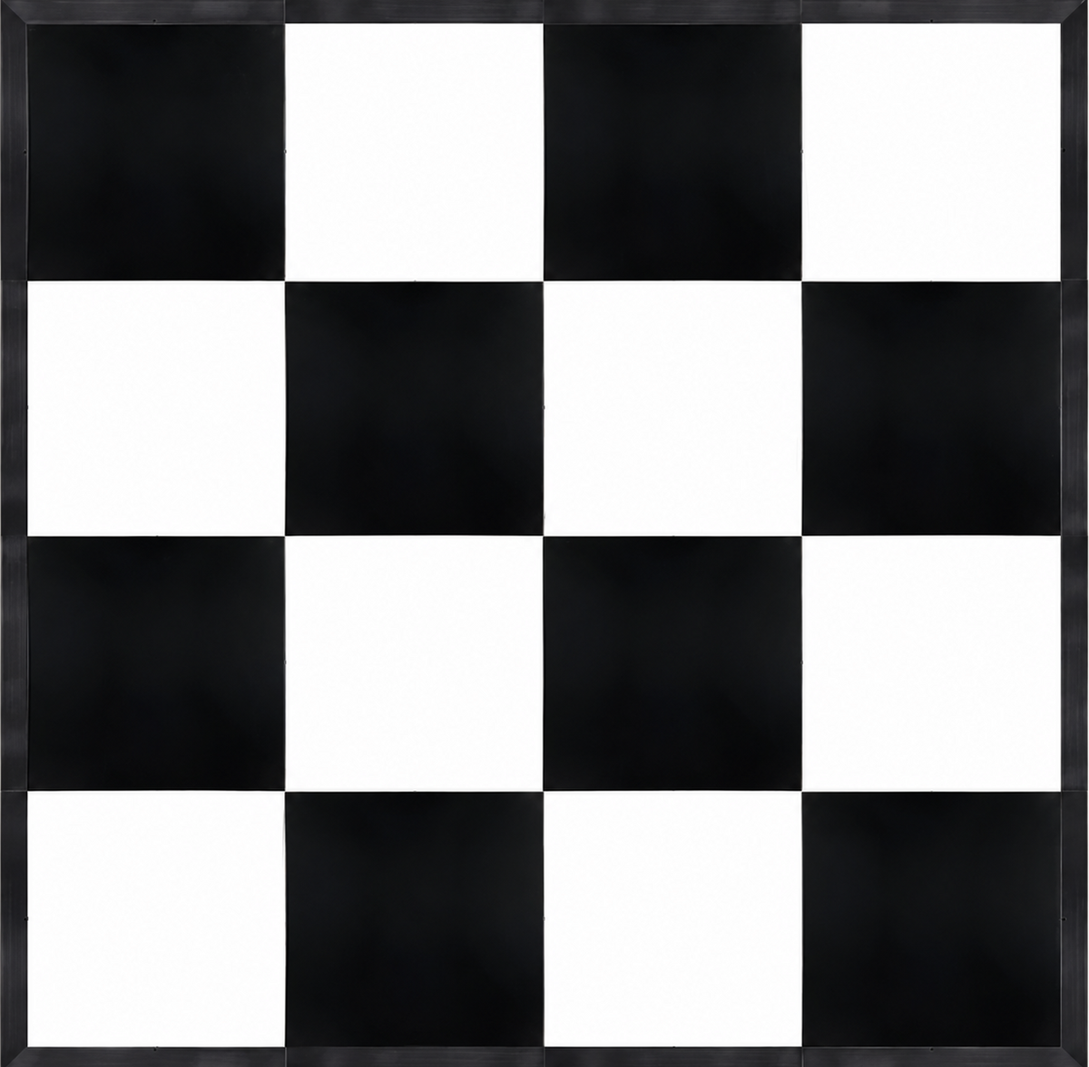 A square black and white checkerboard pattern wall art piece with a thin dark border.