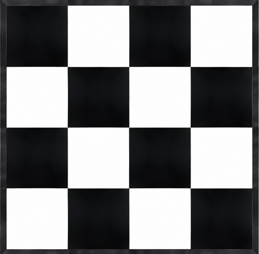A square black and white checkerboard pattern wall art piece with a thin dark border.