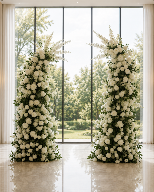 Two tall floral arches filled with white flowers and green foliage stand on a polished stone floor in front of large floor-to-ceiling windows overlooking a green outdoor landscape.