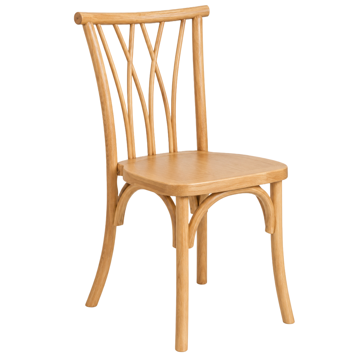 A light natural wood dining chair with a curved backrest, slatted back, and curved legs.