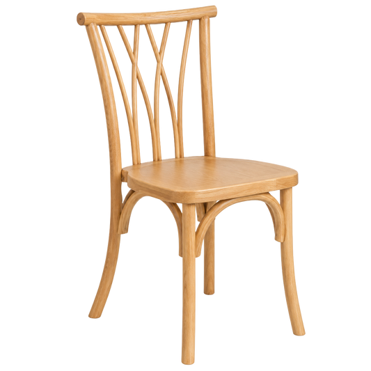 A light natural wood dining chair with a curved backrest, slatted back, and curved legs.