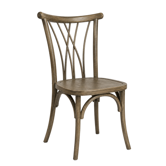A rustic wooden chair with a curved backrest, vertical spindles, and a square seat.
