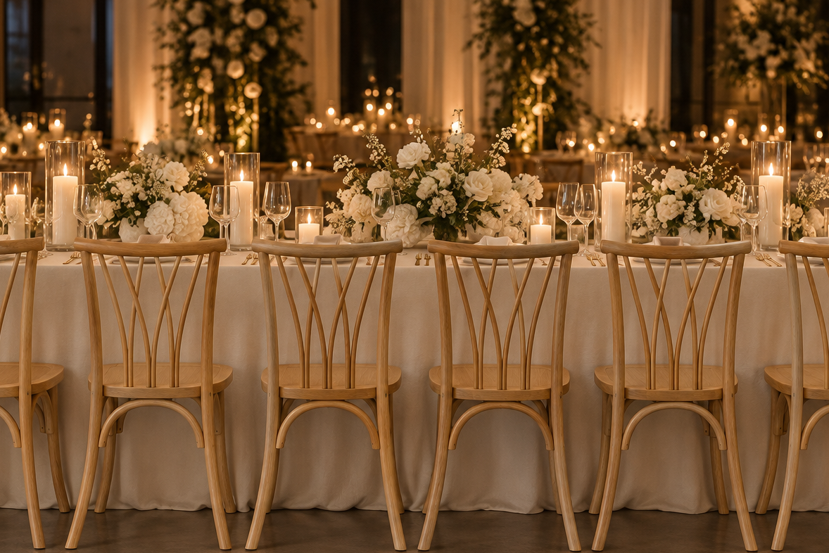 A long banquet table set in a banquet hall, featuring white tablecloths, white floral centerpieces, clear glass candle holders, and light wood dining chairs arranged along the table.