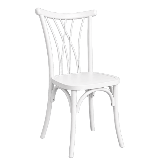 A white wooden chair with a curved backrest featuring vertical slats and a square seat.