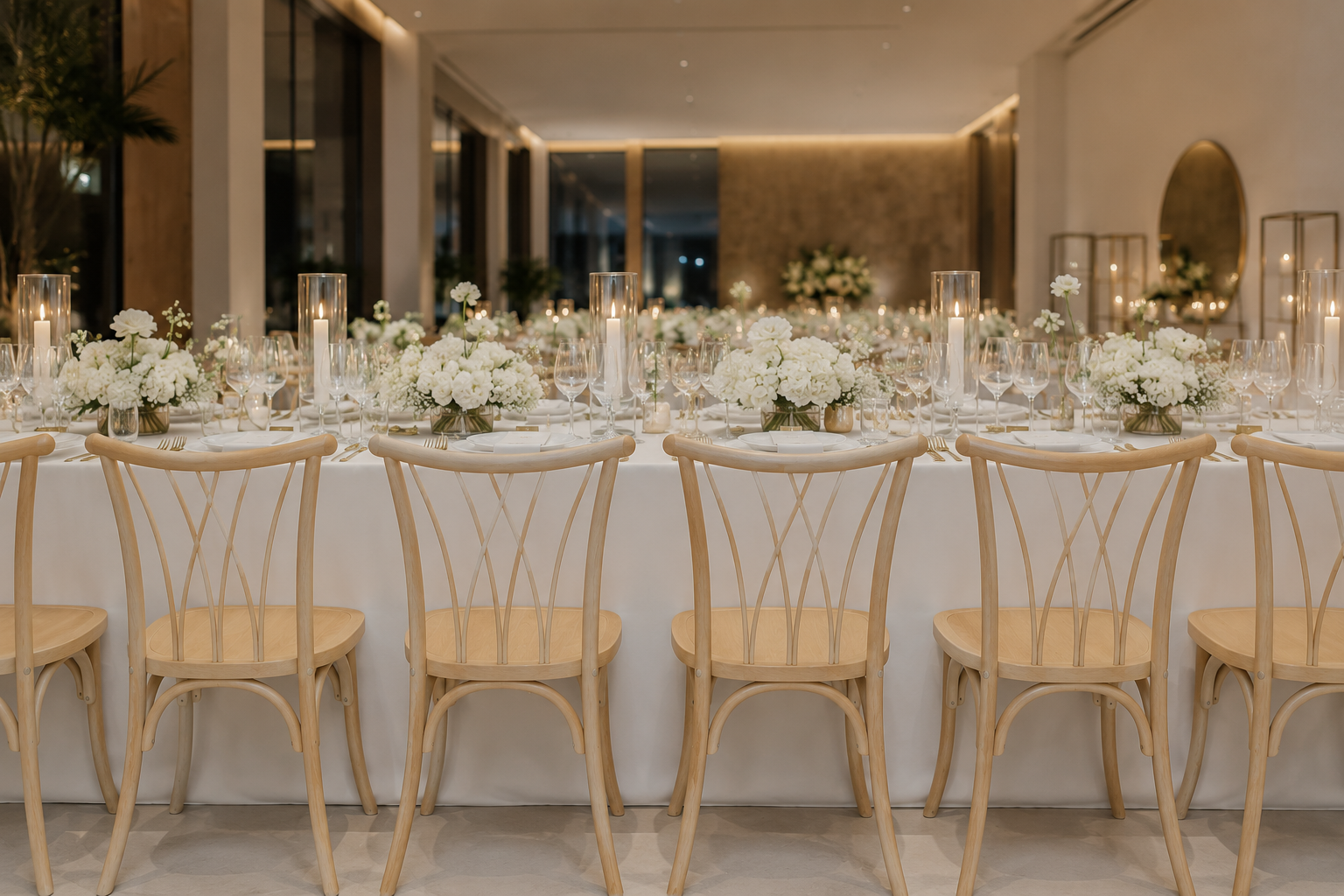 A long banquet table set in a banquet hall, featuring white tablecloths, white floral centerpieces, clear glass candle holders, and light wood dining chairs arranged along the table.