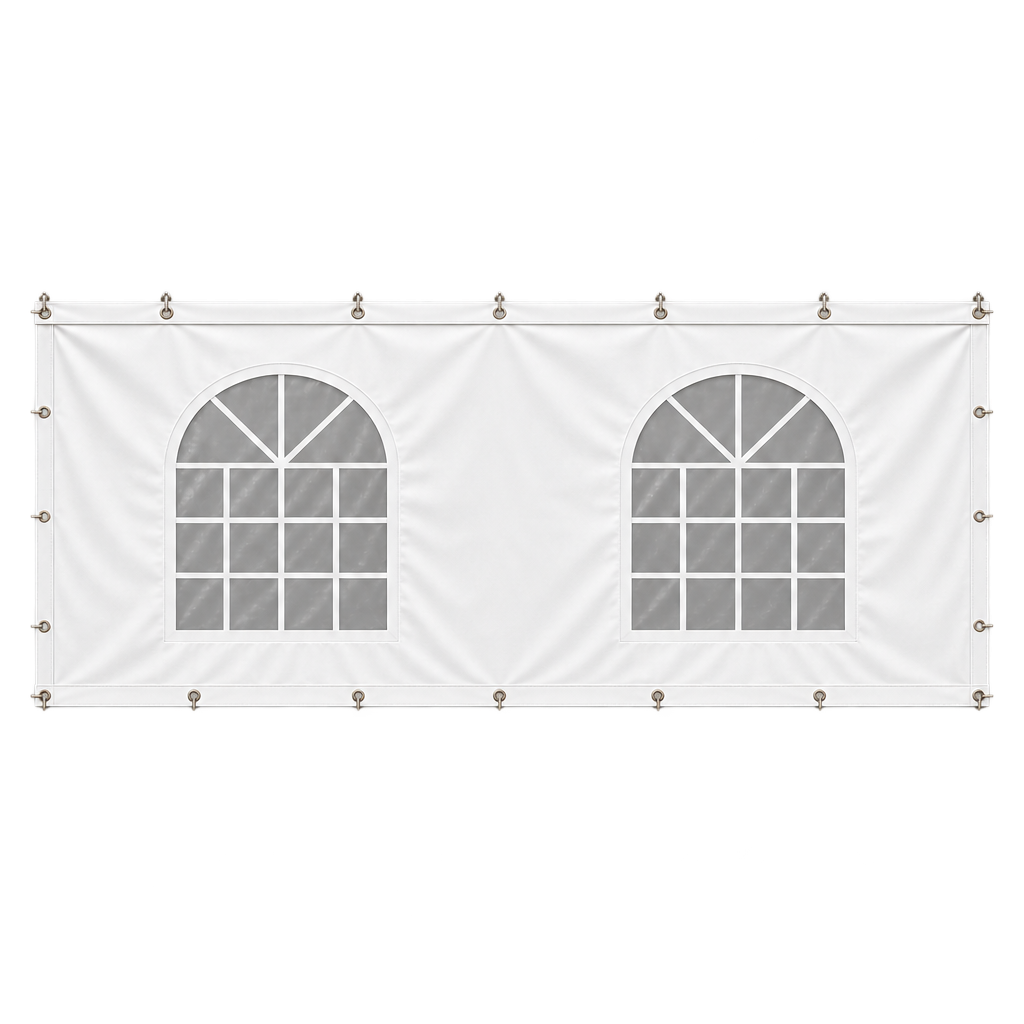 A tent sidewall, 8' by 20' in size, with 2 window cutouts.