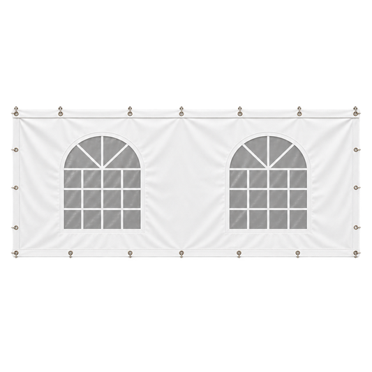 A tent sidewall, 8' by 20' in size, with 2 window cutouts.