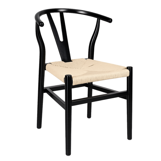 A modern black wooden dining chair with a curved backrest and a woven natural-fiber seat.